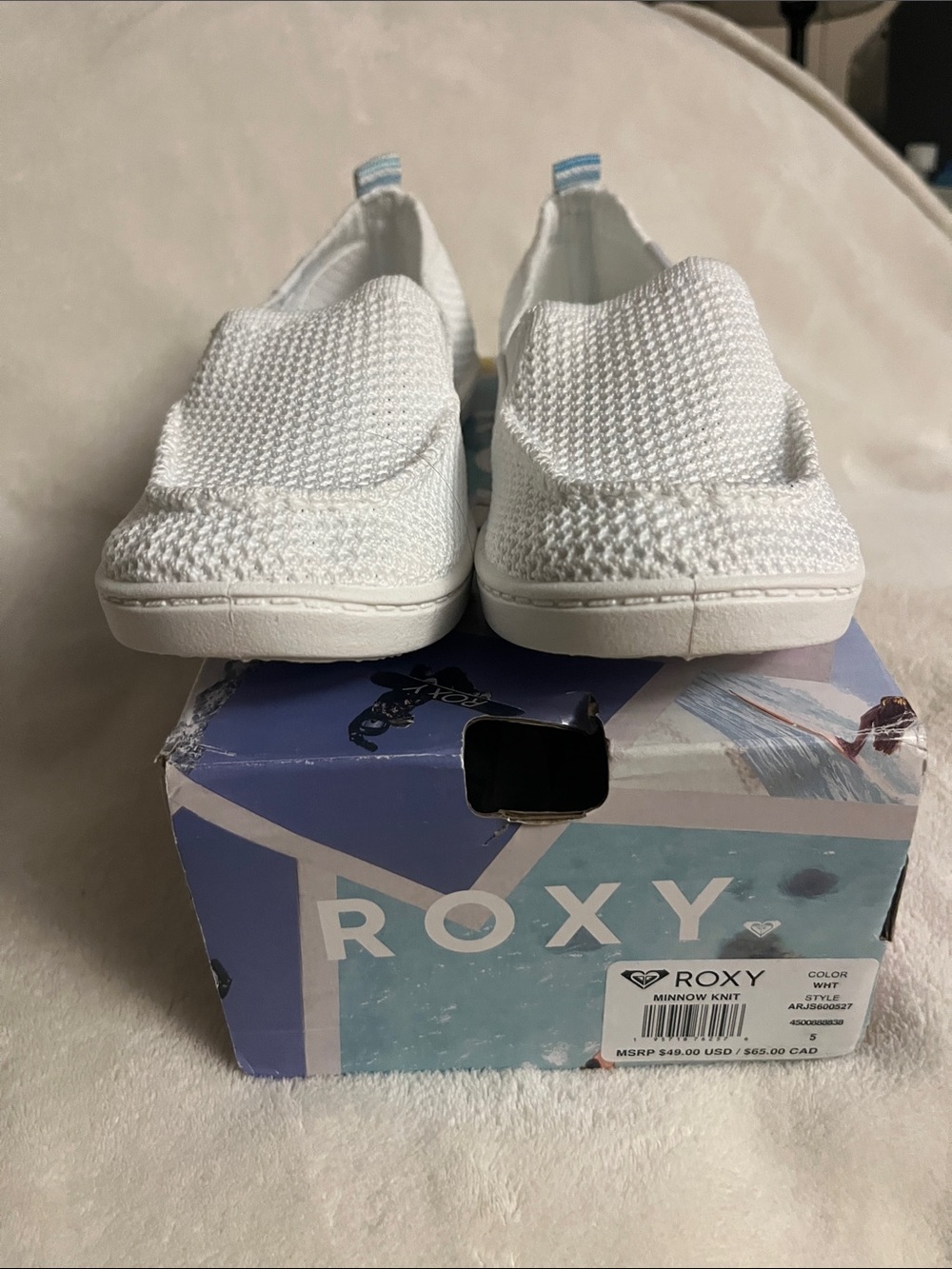 Roxy White Slip-On Knit Sneakers with Light Blue Pull Tabs